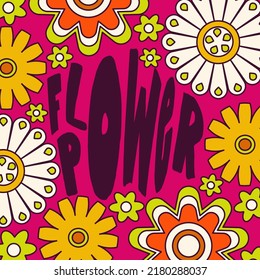 Daisy Flowers, Trippy groovy poster for print design quote. Psychedelic hippy groovy print. Template poster vector illustration. Abstract vector pattern. Btight color.