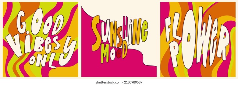 Daisy Flowers, Trippy groovy poster set for print design quote. Psychedelic hippy groovy print. Template poster vector illustration. Abstract vector pattern. Wavy Swirl, checkerboard, btight color.
