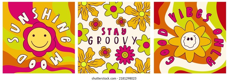 Daisy Flowers, Trippy groovy poster set for print design quote. Psychedelic hippy groovy print. Template poster vector illustration. Abstract vector pattern. Wavy Swirl, checkerboard, btight color.