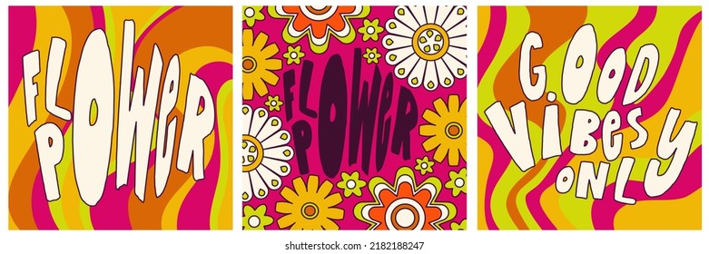 Daisy Flowers, Trippy groovy poster set for print design quote. Psychedelic hippy groovy print. Template poster vector illustration. Abstract vector pattern. Wavy Swirl, checkerboard, btight color.