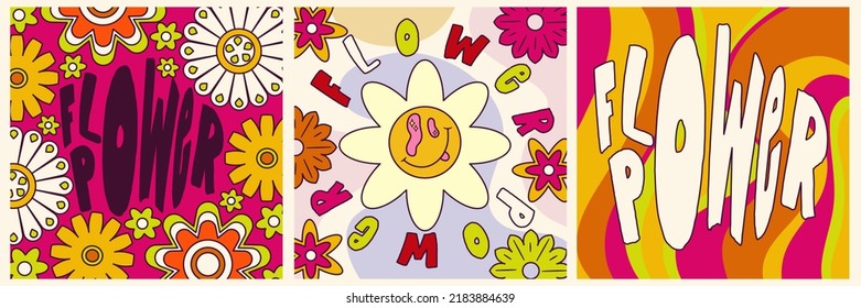 Daisy Flowers, Trippy groovy poster set for print design quote. Psychedelic hippy groovy print. Template poster vector illustration. Abstract vector pattern. Wavy Swirl, checkerboard, btight color.