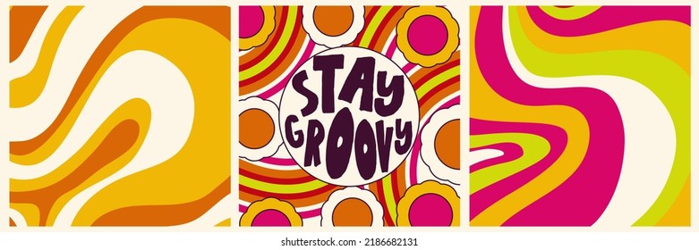 Daisy Flowers, Trippy groovy poster set for print design quote. Psychedelic hippy groovy print. Template poster vector illustration. Abstract vector pattern. Wavy Swirl, checkerboard, btight color.