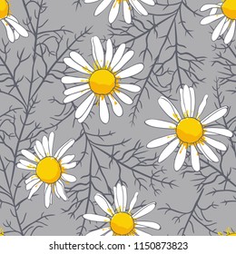 Daisy flowers with twigs on a gray background. 
 Vector seamless pattern.
Hand-drawn floral composition.
