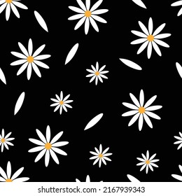 Daisy flowers. Vector seamless pattern. Buds and petals of chamomile on black backdrop