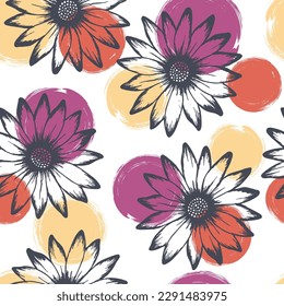 Daisy flowers vector seamless pattern wrapping paper or tablecloth print design. Purple red yellow circles background, brown daisy outline.