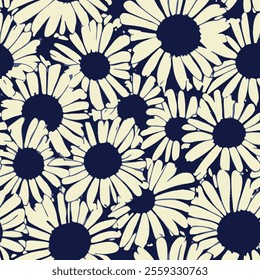 Daisy flowers with white petals and dark blue centres on a dark blue background. This pattern is formed by the regular placement of daisies and is in the form of a repeating motif