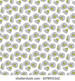 Daisy flowers yellow and green hand drawn seamless pattern on white background . Vector illustration.