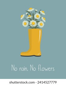 Daisy flowers in yellow rain boot. No rain, no flowers concept. White flowers with leaves. Summer flowers. Floral composition. Vector illustration on blue background