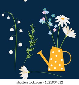 Daisy, forget me not and chamomile spring  flowers in the yellow watering can. Easter or summer country background, seamless pattern with Lily of the valley flowers