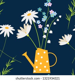 Daisy, forget me not and chamomile spring  flowers in the yellow watering can. Easter or summer country background, seamless pattern with Lily of the valley flowers