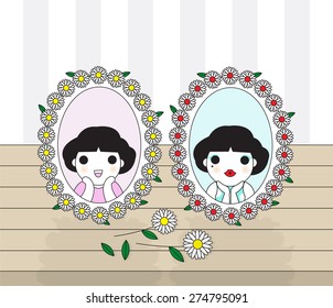 Daisy Frames with Cute Girls Portrait On The Table illustration