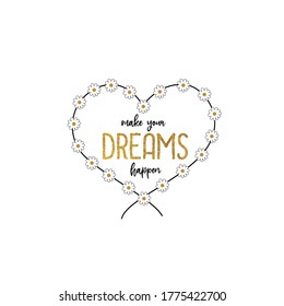 Daisy Garden Heart Line Gold Glitter Text Handwriting Tee Illustration Art Vector