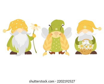 Daisy gnomes. Los gnomos de jardín son bonitos con flor de camomila. Personajes de cuento de hadas