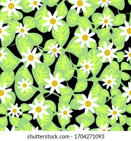 Daisy And Green Leaves Vector Pattern Seamless