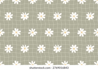 Daisy Grid Seamless Pattern with Soft Neutral Check Background