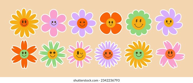 Daisy groovy flowers. Smiling retro floral faces. Y2k simple design. Cartoon chamomile character. Trendy vector illustration