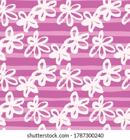 Daisy grunge seamless pattern. Hand drawn brush design with white contoured flowers silhouettes. Pink and lilac stripped background. For wallpaper, wrapping paper, textile print, fabric. Vector