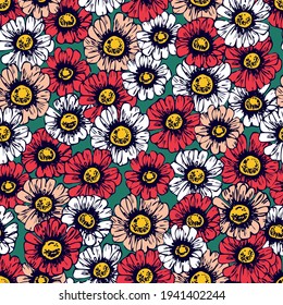 Daisy hand draw flowers and petals line art seamless pattern. Summer flowers pattern. Monochrome seamless vector daisy flowers pattern. Vector seamless line art pattern.