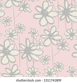 Daisy hand drawn seamless pattern. Wildflowers doodle texture. Grunge paint brushstrokes. Camomiles sketch drawing. Grey flowers soft pink background. Wrapping paper, wallpaper vector floral design 