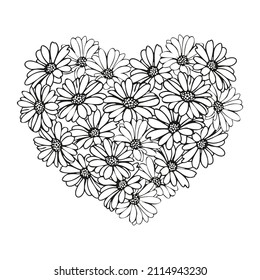 Daisy hearts coloring page hand drawn flower head.Vector isolate on white background.