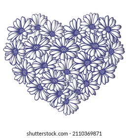 Daisy hearts frame for valentines day, hand drawn flower head in very peri pastel color for design.Vector isolate on white background.