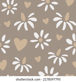 Daisy with hearts naive seamless pattern. Cute chamomile blossoms with hand drawn elements, endless vector illustration in pastel beige colors. Bedding concept design.