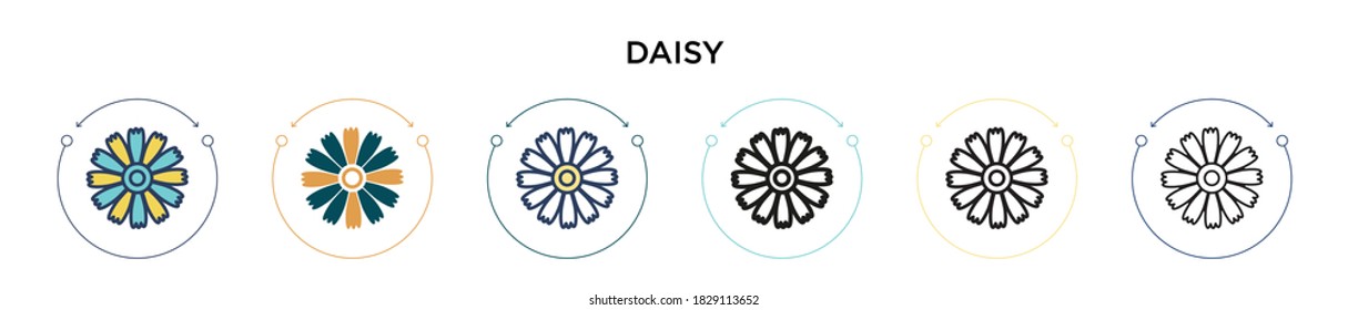 Daisy icon in filled, thin line, outline and stroke style. Vector illustration of two colored and black daisy vector icons designs can be used for mobile, ui, web