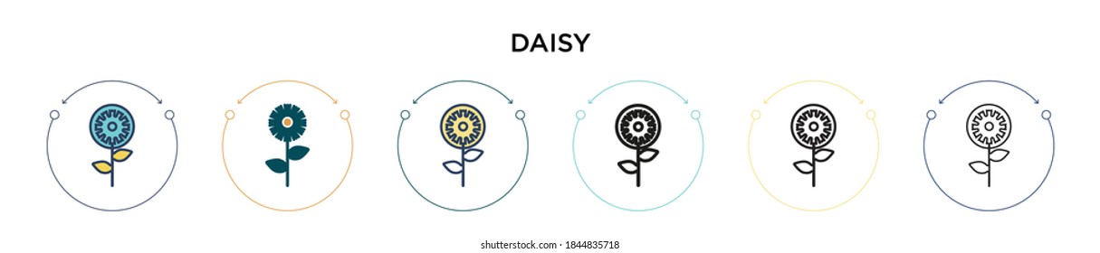 Daisy icon in filled, thin line, outline and stroke style. Vector illustration of two colored and black daisy vector icons designs can be used for mobile, ui, web