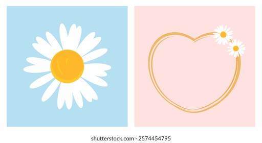 Daisy icon and gold heart sign on blue and pink backgrounds vector.