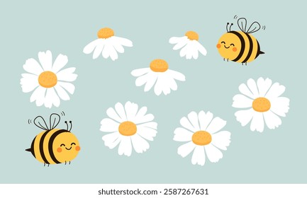 Daisy icon set and bee cartoons on green background vector.