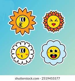 Daisy illustration sticker pack in trendy retro trippy style. Retro flower happu emotion sticker pack