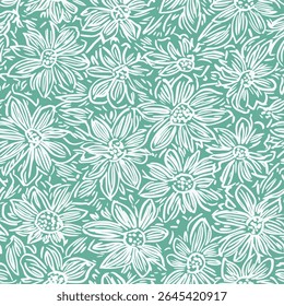 Daisy lace pattern in aqua and green, with white ink on a teal background, on linen fabric print pattern, cotton, silk, vector illustration, doodle summer, kids and baby designs for print fabric.