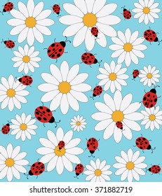 Daisy and ladybug pattern on blue background