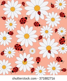 Daisy and ladybug pattern on pink background