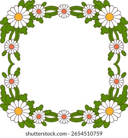 Marco floral de la margarita y de la hoja, borde cuadrado de la flor, corona botánica dibujada a mano, invitación de la primavera, Ilustración vectorial alegre