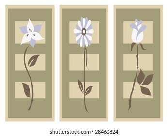 Daisy, lily and rose triptych. Vector illustration.