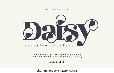 Daisy luxury elegant alphabet letters and numbers. Elegant wedding typography classic serif font decorative vintage retro.