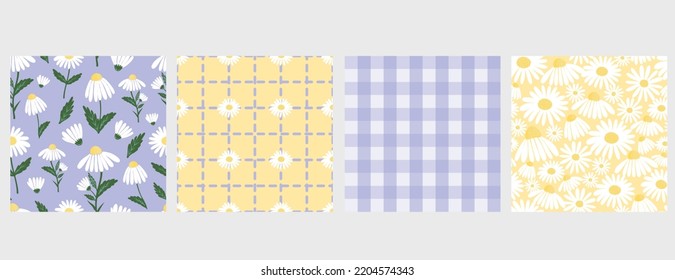 Daisy meadow flowers seamless pattern set with checkerboard, geometric and cartoon florals. Doodle style. Easter collection.