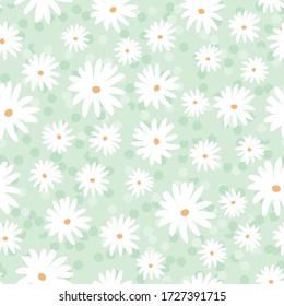 Daisy meadow spring floral blooms with spotty background. Vector repeat. Great for home decor, wrapping, scrapbooking, wallpaper, gift, kids, apparel. 