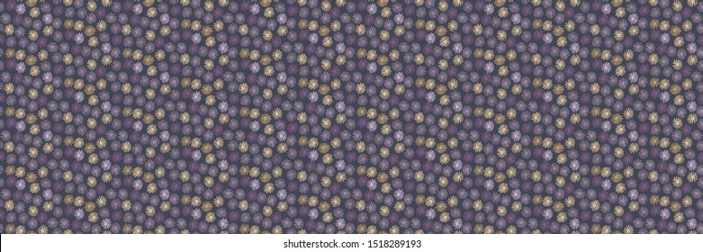 Daisy moody polka dot seamless border pattern. Modern ditsy tiny flower circle. Floral spotty dark fashion ribbon trim edging. Trendy purple daisies confetti style. Blended textile vector eps10
