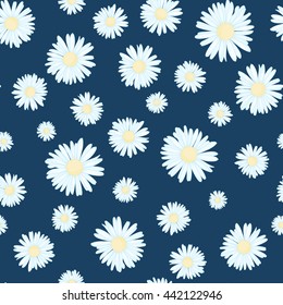 Daisy on dark blue background. Spring summer seamless flower pattern. Textile fabric texture.