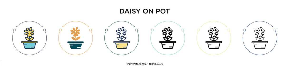 Daisy on pot icon in filled, thin line, outline and stroke style. Vector illustration of two colored and black daisy on pot vector icons designs can be used for mobile, ui, web