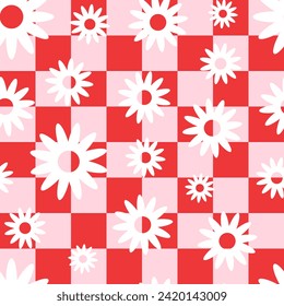 Daisy on red and pink check seamless pattern. Abstract art print. Design for paper, covers, cards, fabrics, interior items and any. Vector illustration about Valentine. 