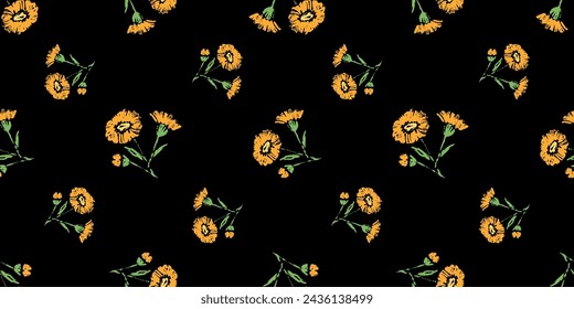 Daisy orange flowers spring textured sketches seamless pattern, floral vector black background, fabric, paper, textile
