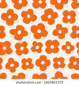 Daisy pattern, floral print. Simple seamless texture with repeating groovy flowers. Endless background design, doodle drawing for modern summer fabric, textile, wrapping. Flat vector illustration