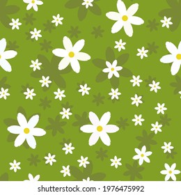 Daisy pattern. Floral seamless pattern from chamomile, on a green background. Textiles and fabrics for baby, child, kid. Spring summer field meadow for decoration, wrapping,  flower daisy. Vector 