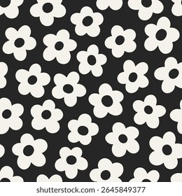Padrão Daisy, design perfeito. Impressão floral repetitiva sem fim com flores groovy preto e branco em estilo psicodélico retro trippy. Textura de verão simples, fundo. Ilustração de vetor plano