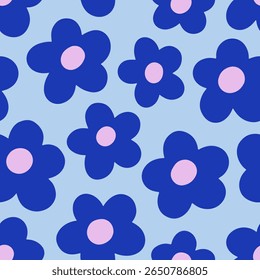 Daisy pattern, seamless design in groovy hippie style. Floral print with doodle blossoms, flowers. Endless repeating texture, background for textile, wallpaper, wrapping. Flat vector illustration