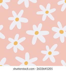 Daisy pattern, seamless floral print. Groovy retro design style, chamomile flowers, endless background, repeating trippy texture for summer fabric, textile, wrapping. Flat vector illustration