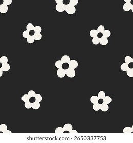 Padrão de Margarida. Impressão de flor sem costura. Textura floral abstrata, fundo de verão preto e branco infinito, design repetitivo para têxteis femininos, tecido, papel de embalagem. Ilustração de vetor plano